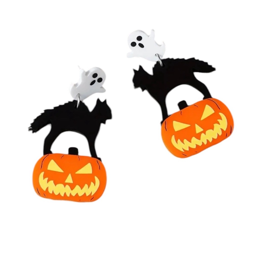 Ghost Black Cat Pumpkin Halloween Earrings